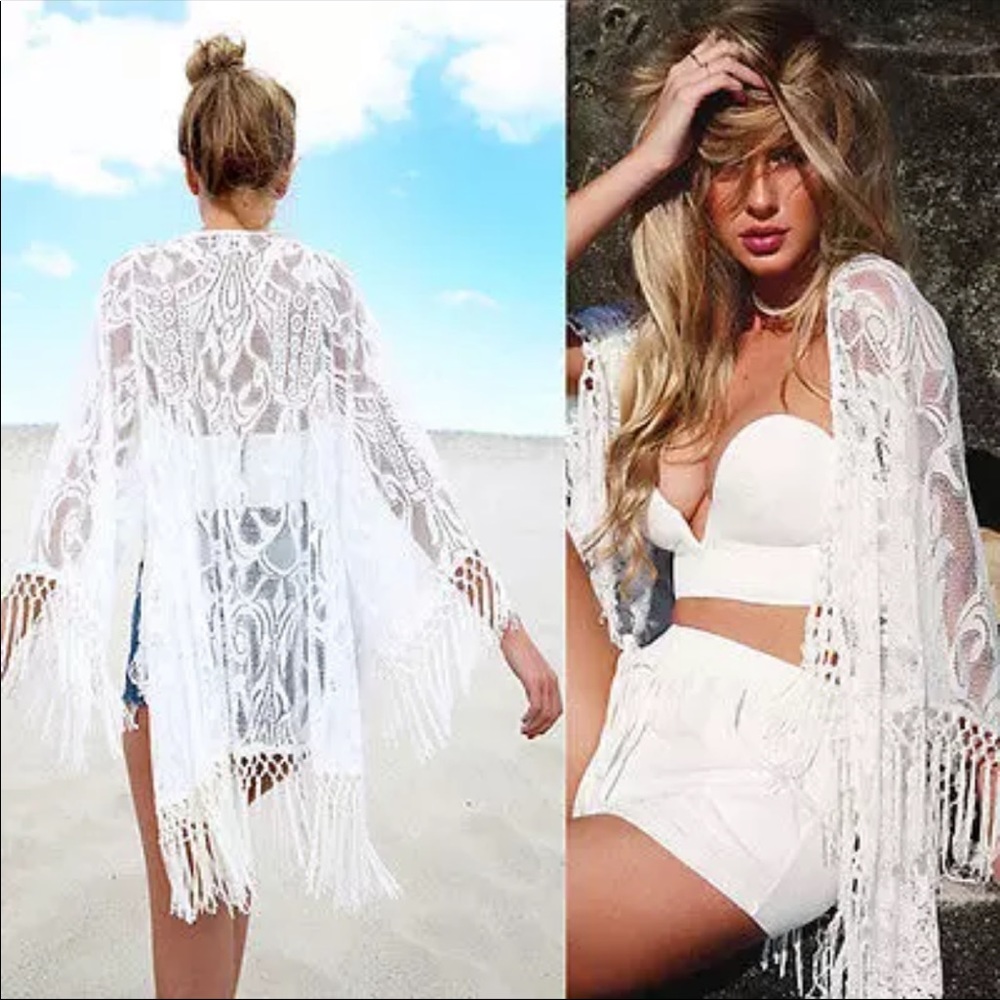 BOHO COVERUP KIMONO WHITE LACE CROCHET - Picture 5 of 6